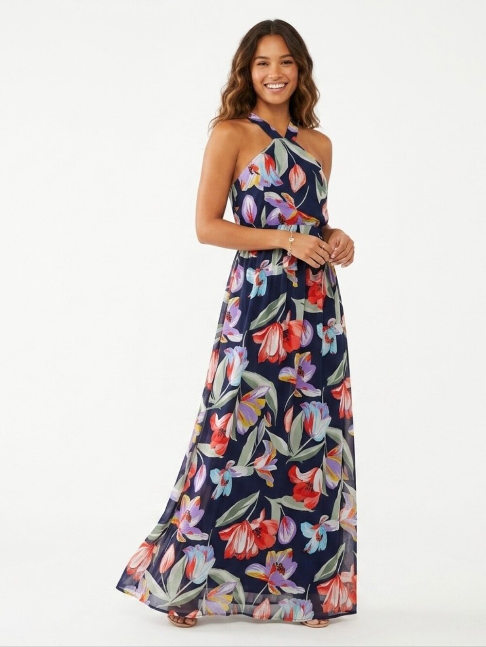 Lulus Size S- Lovely Navy Floral Multi Print Halter Maxi Dress